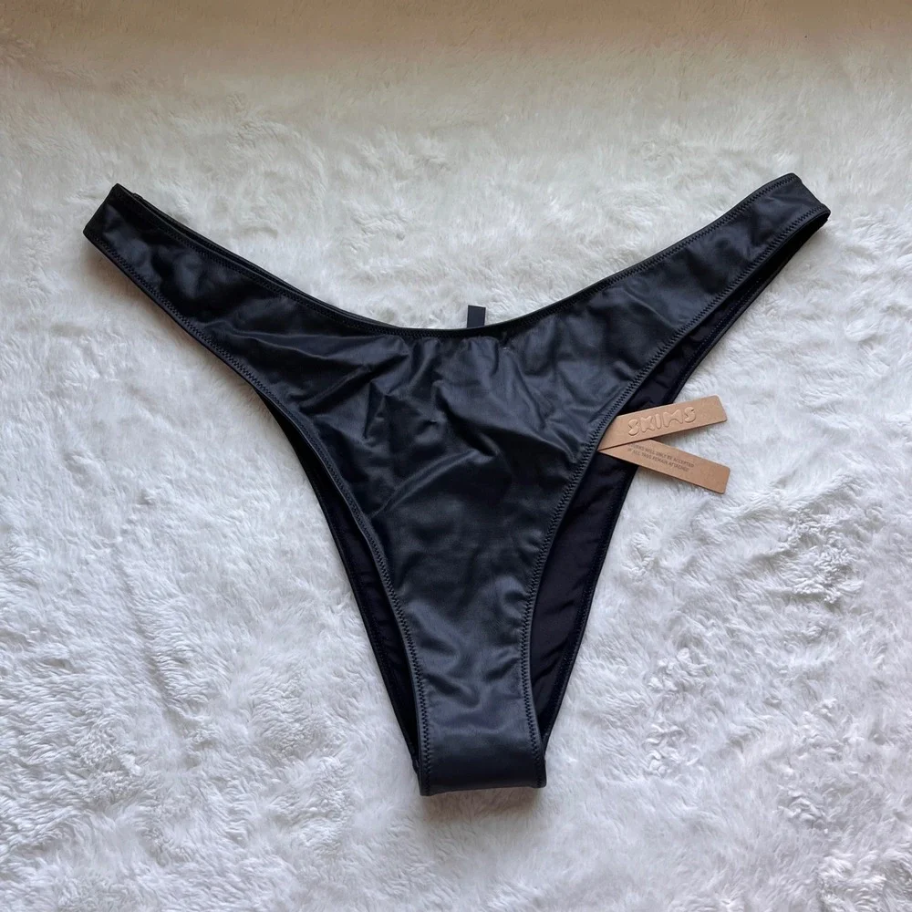 Skims Micro Pleather Swim Micro Tanga Bikini Bottom Onyx Black 2X SW-TAN-0159